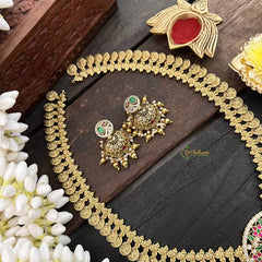 Vriksham Antique Lakshmi Coin With Round Pendant Long Neckpiece-Gold Bead & Pearls-G20547