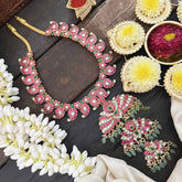 Vriksham Designer 3 Lotus Pendant Manga With Floral Style Kundan Jadau Neckpiece-Red Green & White-Green Bead-J3813