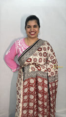 Vriksham Off White With Red Floral Striped Print Ajrakh Modal Silk Saree-VS4669