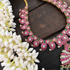 Vriksham Designer 3 Lotus Pendant Manga With Floral Style Kundan Jadau Neckpiece-Red Green & White-Green Bead-J3813