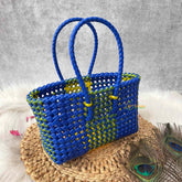 Vrikshamand Woven Plastic Wire Tote Bag With Vibrant Navy & Yellow Checkerboard Basket-KRG2140