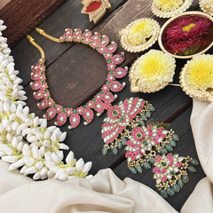 Vriksham Designer 3 Lotus Pendant Manga With Floral Style Kundan Jadau Neckpiece-Red Green & White-Green Bead-J3813