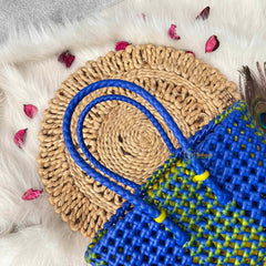 Vrikshamand Woven Plastic Wire Tote Bag With Vibrant Navy & Yellow Checkerboard Basket-KRG2140