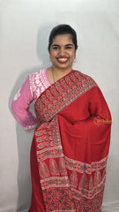 Vriksham Red Plain With Printed Border Ajrakh Modal Silk Saree-VS4662