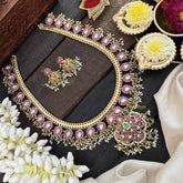 Vriksham Temple Elegance Floral Pendant With Manga Pattern Kundan Jadau Neckpiece-Red White-Rice Pearl-J3816