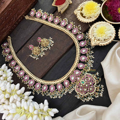 Vriksham Temple Elegance Floral Pendant With Manga Pattern Kundan Jadau Neckpiece-Red White-Rice Pearl-J3816