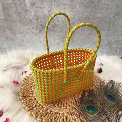 Vriksham Woven Plastic Wire Tote Bag With Green & Orange Checkerboard Basket-KRG2142