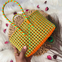 Vriksham Woven Plastic Wire Tote Bag With Green & Orange Checkerboard Basket-KRG2142
