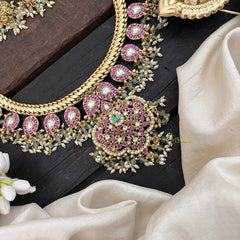 Vriksham Temple Elegance Floral Pendant With Manga Pattern Kundan Jadau Neckpiece-Red White-Rice Pearl-J3816