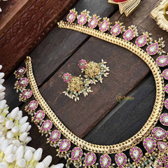 Vriksham Temple Elegance Floral Pendant With Manga Pattern Kundan Jadau Neckpiece-Red White-Rice Pearl-J3816