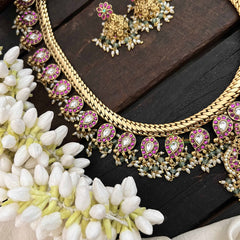 Vriksham Temple Elegance Floral Pendant With Manga Pattern Kundan Jadau Neckpiece-Red White-Rice Pearl-J3816