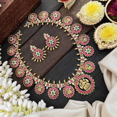 Vriksham Antique Gold Plated Lakshmi Coin Kundan Jadau Guttapusalu Long  Neckpiece-Red White & Green-J3817