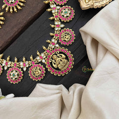 Vriksham Antique Gold Plated Lakshmi Coin Kundan Jadau Guttapusalu Long  Neckpiece-Red White & Green-J3817