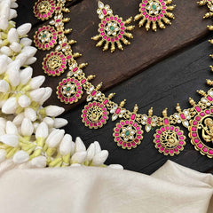 Vriksham Antique Gold Plated Lakshmi Coin Kundan Jadau Guttapusalu Long  Neckpiece-Red White & Green-J3817