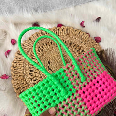 Vriksham Woven Plastic Wire Tote Bag With Green & Pink Checkerboard Basket-KRG2141