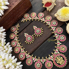 Vriksham Antique Gold Plated Lakshmi Coin Kundan Jadau Guttapusalu Long  Neckpiece-Red White & Green-J3817