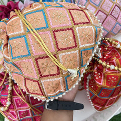 Return Gift Potli Bags-Floral In Square-6 Pieces Set-Golden Pearl-RG284