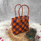 Vriksham Neon Orange & Royal Blue Hand-Woven Wire Tote Retro Checkerboard Market Bag-KRG2144