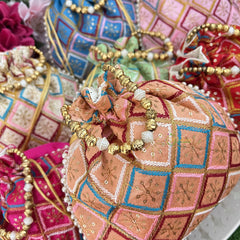 Return Gift Potli Bags-Floral In Square-6 Pieces Set-Golden Pearl-RG284