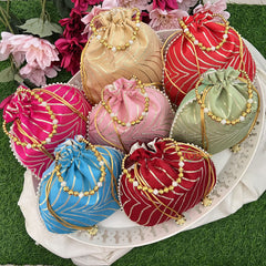 Return Gift Potli Bags-Assorted Silk Pouches with Beaded Handle-6 Pieces Set-RG286