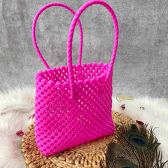 Vriksham Classic Pink Hand-Woven Wire Tote Retro Checkerboard Market Bag-KRG2149