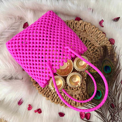 Vriksham Classic Pink Hand-Woven Wire Tote Retro Checkerboard Market Bag-KRG2149