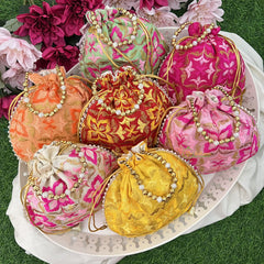 Return Gift Potli Bags-Floral Brocade With Beaded Handle-6 Pieces Set-RG287