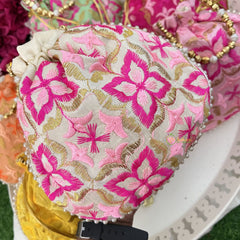 Return Gift Potli Bags-Floral Brocade With Beaded Handle-6 Pieces Set-RG287