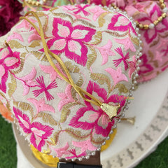 Return Gift Potli Bags-Floral Brocade With Beaded Handle-6 Pieces Set-RG287