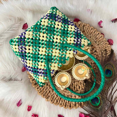 Vriksham Trio Color Green White & Royal Blue Hand-Woven Wire Tote Retro Checkerboard Market Bag-KRG2145