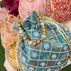 Return Gift Potli Bags-Embroidered Sequin Work & Pearl Beads Handle-6 Pieces Set-RG288