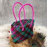 Vriksham Mixed Color Green Pink & Maroon Hand-Woven Wire Tote Retro Checkerboard Market Bag-KRG2146