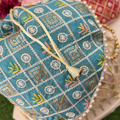 Return Gift Potli Bags-Embroidered Sequin Work & Pearl Beads Handle-6 Pieces Set-RG288