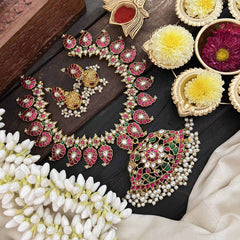 Vriksham Elegant 20 Manga With Floral Pendant Style Kundan Jadau Neckpiece-Red Green & White-Pearl-J3812