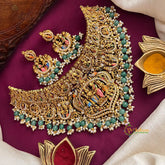 Gold Shine AD Stone Perumal Kalynam Short Necklace-Green Bead & Pearls-Vriksham-G22586