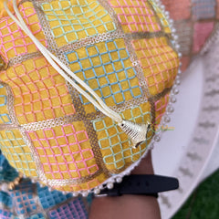 Return Gift Potli Bags-Geometric Embroidery & Pearl Beads Handle-6 Pieces Set-RG289