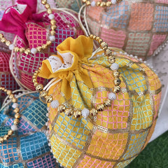 Return Gift Potli Bags-Geometric Embroidery & Pearl Beads Handle-6 Pieces Set-RG289