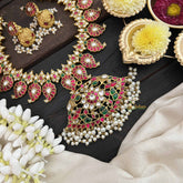 Vriksham Elegant 20 Manga With Floral Pendant Style Kundan Jadau Neckpiece-Red Green & White-Pearl-J3812