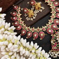 Vriksham Elegant 20 Manga With Floral Pendant Style Kundan Jadau Neckpiece-Red Green & White-Pearl-J3812