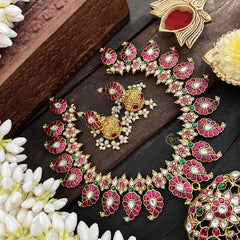 Vriksham Elegant 20 Manga With Floral Pendant Style Kundan Jadau Neckpiece-Red Green & White-Pearl-J3812