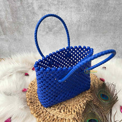 Vriksham Royal Blue Hand-Woven Wire Tote Retro Checkerboard Market Bag-KRG2148