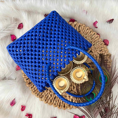 Vriksham Royal Blue Hand-Woven Wire Tote Retro Checkerboard Market Bag-KRG2148