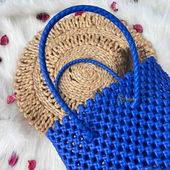 Vriksham Royal Blue Hand-Woven Wire Tote Retro Checkerboard Market Bag-KRG2148