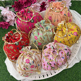 Return Gift Potli Bags-Handmade Embroidered & Pearl Beads Handle-6 Pieces Set-RG290