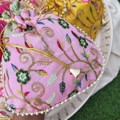 Return Gift Potli Bags-Handmade Embroidered & Pearl Beads Handle-6 Pieces Set-RG290