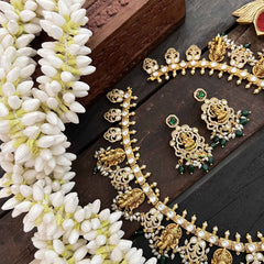 Vriksham Premium Elephant Styles Kundan Jadau Guttapusalu Long Neckpiece-Green & Rice Pearl Bead-J3820