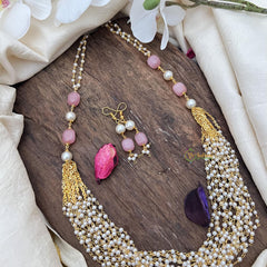 Elegant Pearl Layered Maala Neckpiece-Pastel Pink Bead-G14983