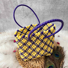 Vriksham Sunburst Hand-Woven Tote Purple and Creamy Yellow Lattice Bag-KRG2154