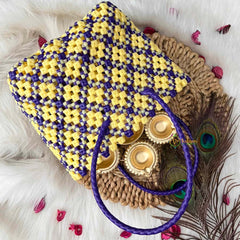Vriksham Sunburst Hand-Woven Tote Purple and Creamy Yellow Lattice Bag-KRG2154