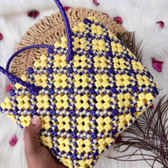 Vriksham Sunburst Hand-Woven Tote Purple and Creamy Yellow Lattice Bag-KRG2154